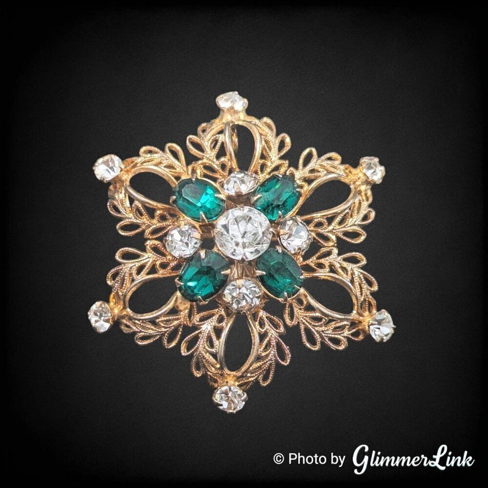 VTG Scitarelli Filigree Flower Green Clear Rhinestones Gold Tone Brooch Pendant
